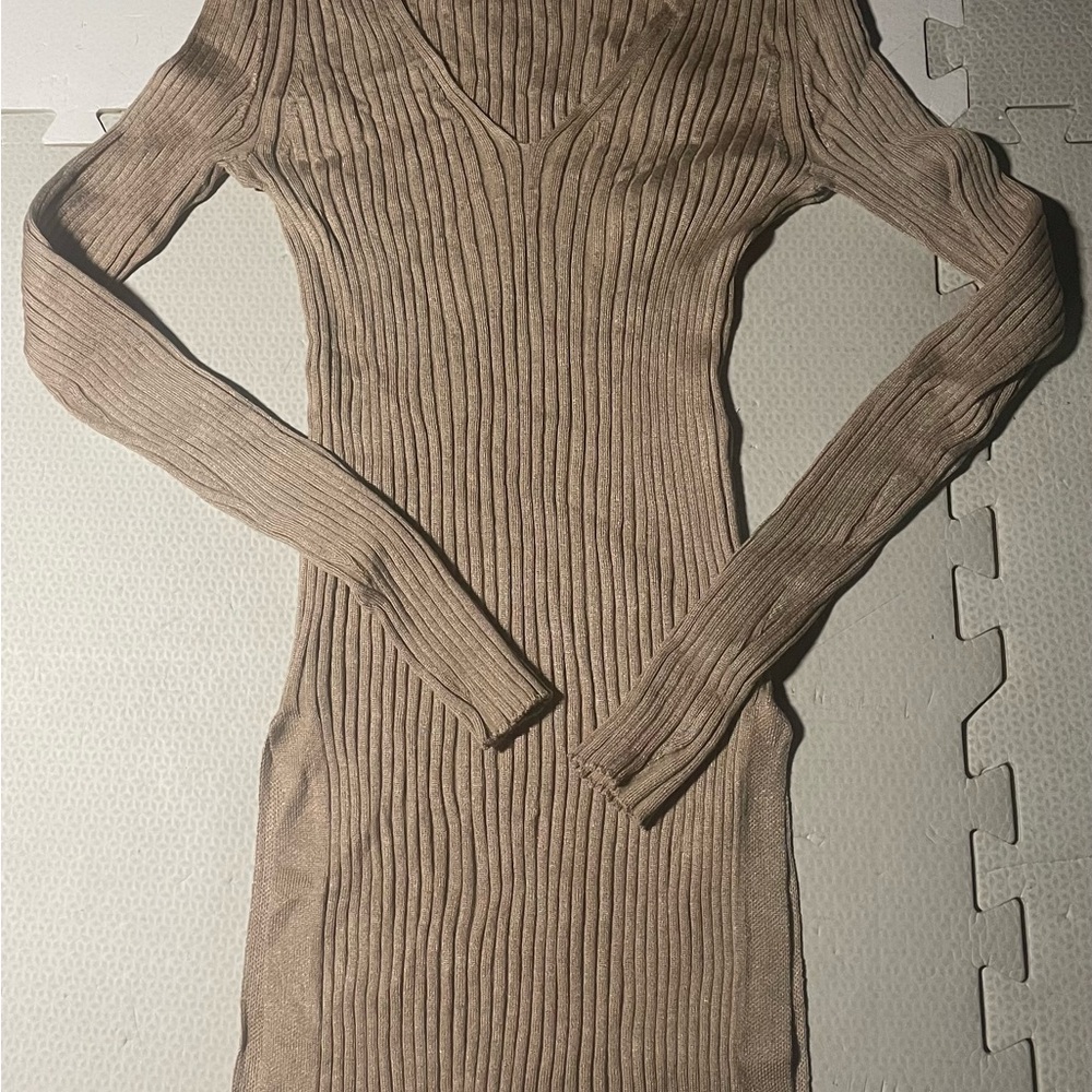 Ambiance Tan Long Sleeve Ribbed Dress